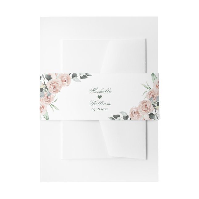 Eucalyptus Leaves Dusty Rose Floral Wedding  Invitation Belly Band (Front Example)