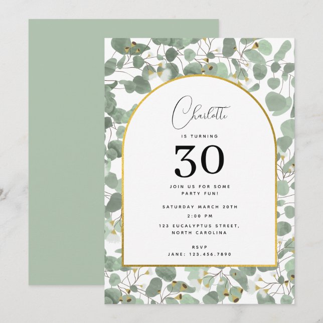 Eucalyptus Leaves Elegant Gold Birthday Party Invitation (Front/Back)