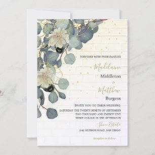 Eucalyptus Leaves Floral Brick Rustic Gold Wedding Invitation