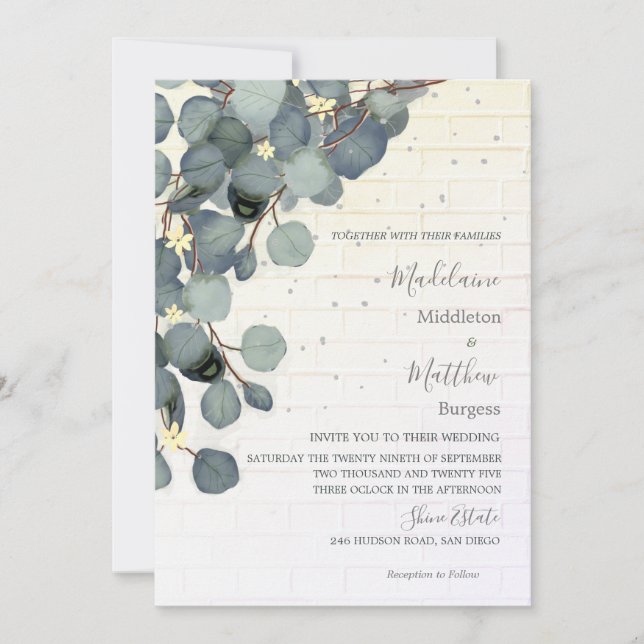 Eucalyptus Leaves Floral Brick Rustic Wedding Invitation (Front)