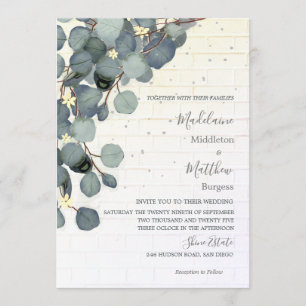 Eucalyptus Leaves Floral Brick Rustic Wedding Invitation