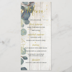 Eucalyptus Leaves Floral Rustic Wood Gold Wedding Menu