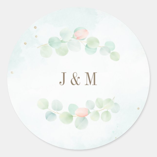 Eucalyptus Leaves Floral Wreath Monogram Wedding Classic Round Sticker (Front)