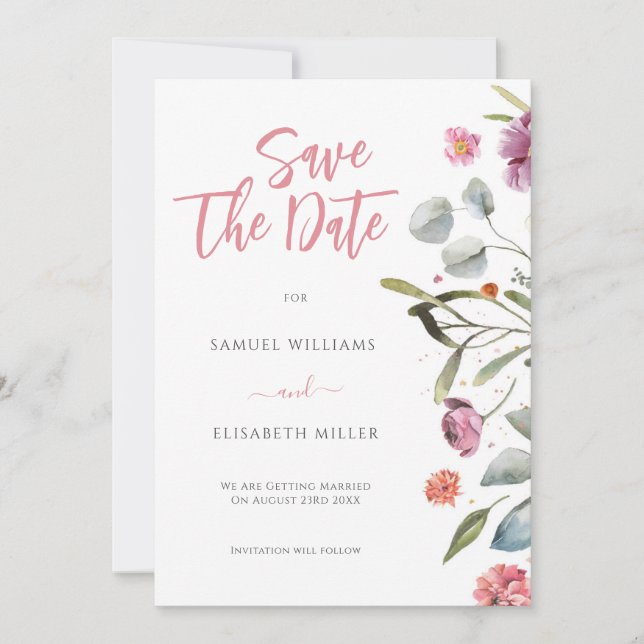 Eucalyptus Leaves Flowers Border Save The Date Invitation (Front)