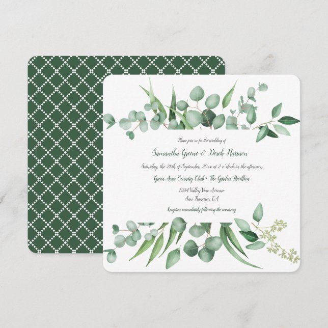 Eucalyptus Leaves Frame Lattice Square Invitations (Front/Back)