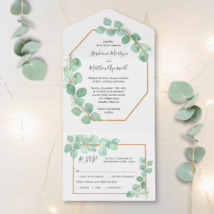 Eucalyptus Leaves Geometric Watercolor Wedding All In One Invitation