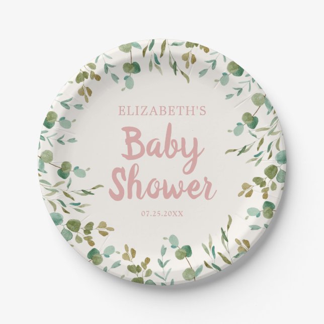 Eucalyptus Leaves Girl Baby Shower  Paper Plate (Front)