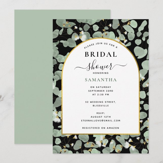Eucalyptus Leaves Gold Black Boho Bridal Shower Invitation (Front/Back)
