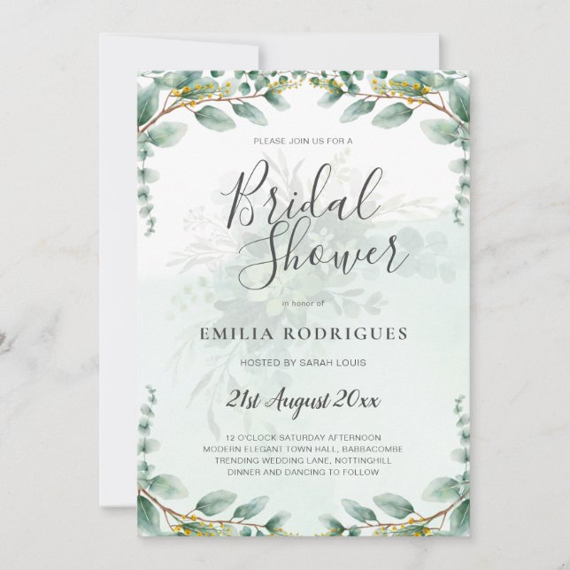 Eucalyptus Leaves GOLD BRIDAL SHOWER INVITE (Front)
