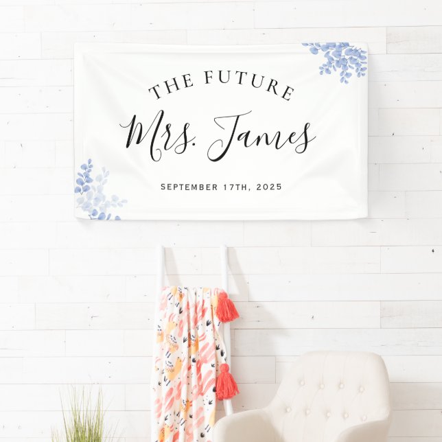 Eucalyptus Leaves Gold Dusty Blue Wedding Party Banner (Insitu)