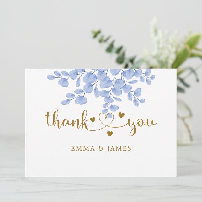 Eucalyptus Leaves Gold Dusty Blue Wedding Thank You Card (Standing Front)
