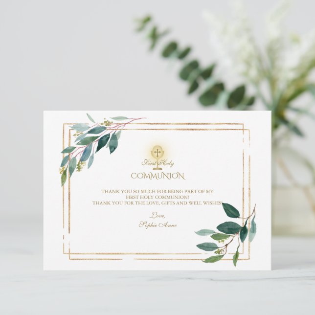 Eucalyptus Leaves Gold First Holy Communion  Thank You Card (Standing Front)