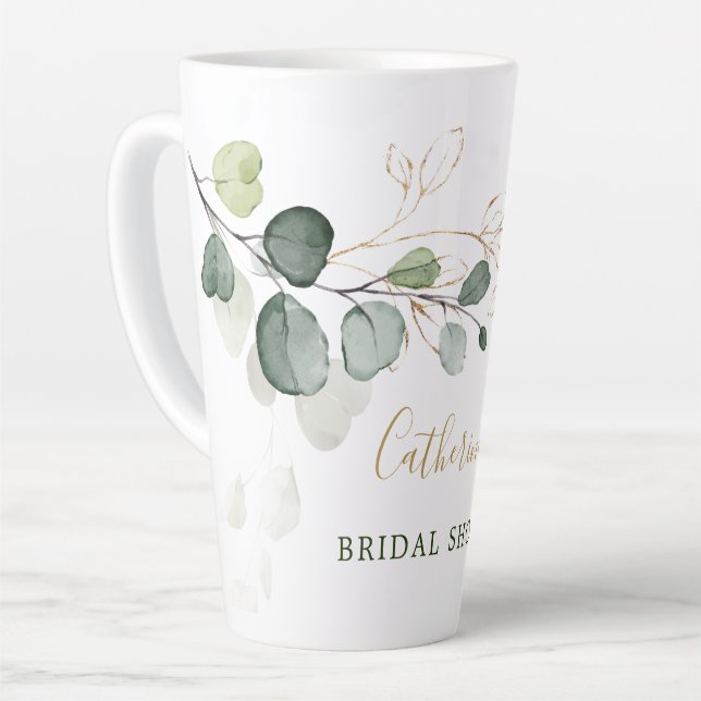 Eucalyptus Leaves Gold Floral Bridal Shower Latte Mug (Left Angle)
