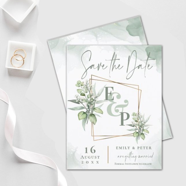 Eucalyptus Leaves Gold Frame Greenery Wedding Save Announcement Postcard (Creator Uploaded)