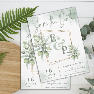 Eucalyptus Leaves Gold Frame Greenery Wedding Save The Date