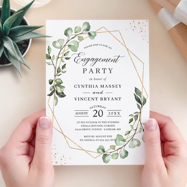 Eucalyptus Leaves Gold Geometric Engagement Party Invitation (Creator Uploaded)