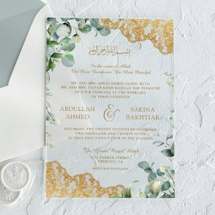 Eucalyptus Leaves Gold Lace Muslim Wedding Acrylic Invitations