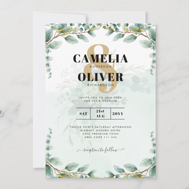 Eucalyptus Leaves GOLD WEDDING QR CODE BUDGET Invitation (Front)