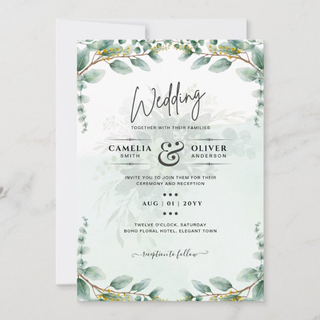 Eucalyptus Leaves GOLD WEDDING QR CODE BUDGET Invitation (Front)