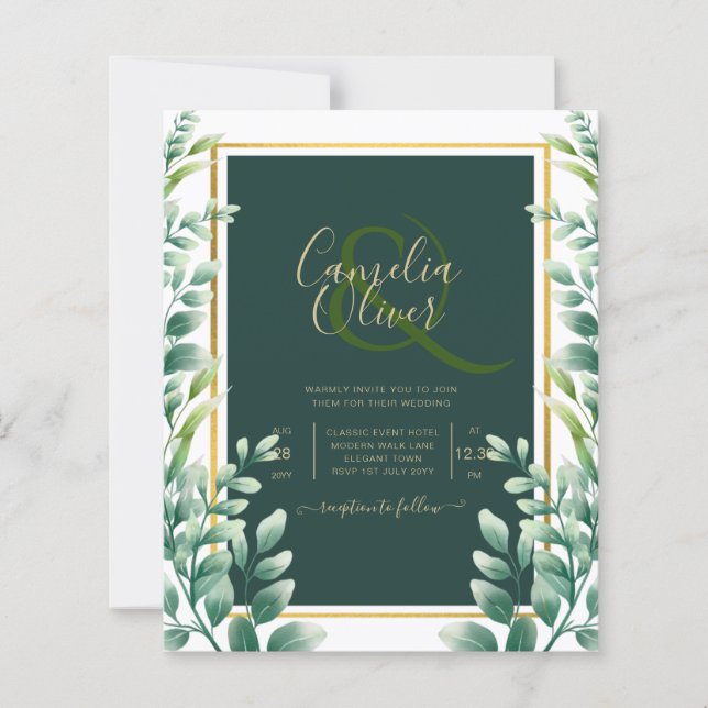 Eucalyptus Leaves GOLD WEDDING QR CODE INVITE RSVP (Front)