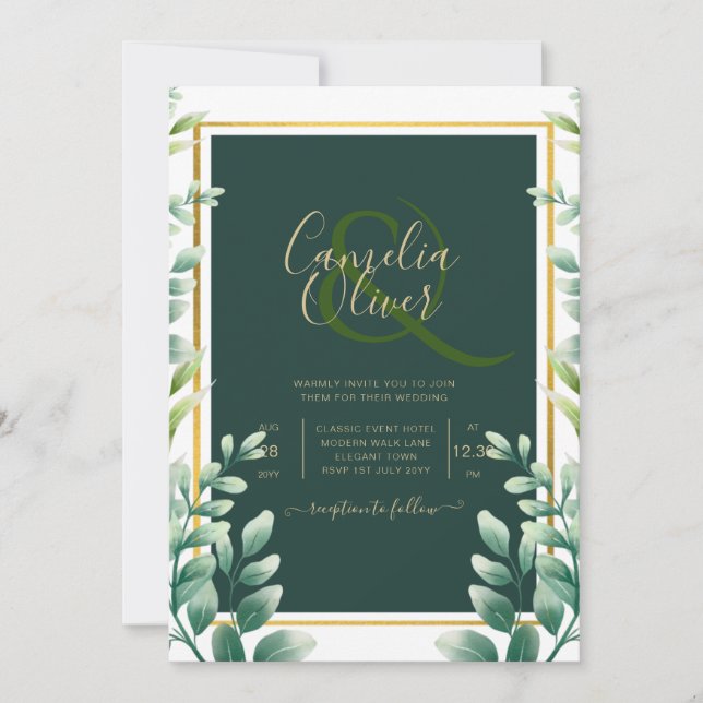 Eucalyptus Leaves GOLD WEDDING QR CODE INVITE RSVP (Front)