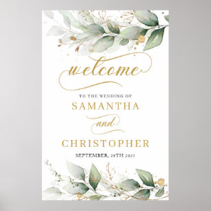 Eucalyptus leaves gold wedding welcome sign
