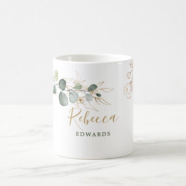 Eucalyptus leaves, golden floral, your name coffee mug (Center)