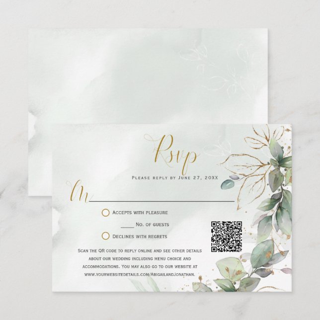 Eucalyptus Leaves Golden Greenery RSVP (Front/Back)