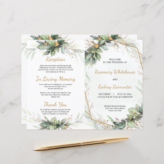 Eucalyptus Leaves Golden Greenery Wedding Program (Front/Back In Situ)