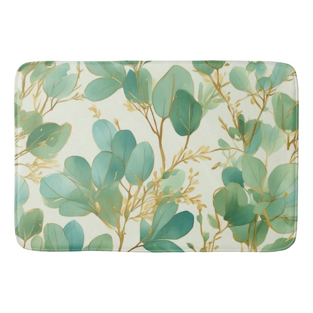 Eucalyptus Leaves Green and Gold Design Bath Mat (Front)
