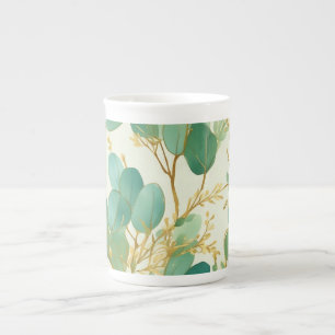 Eucalyptus Leaves Green and Gold Design Bone China Mug