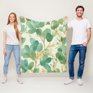 Eucalyptus Leaves Green and Gold Design Fleece Blanket