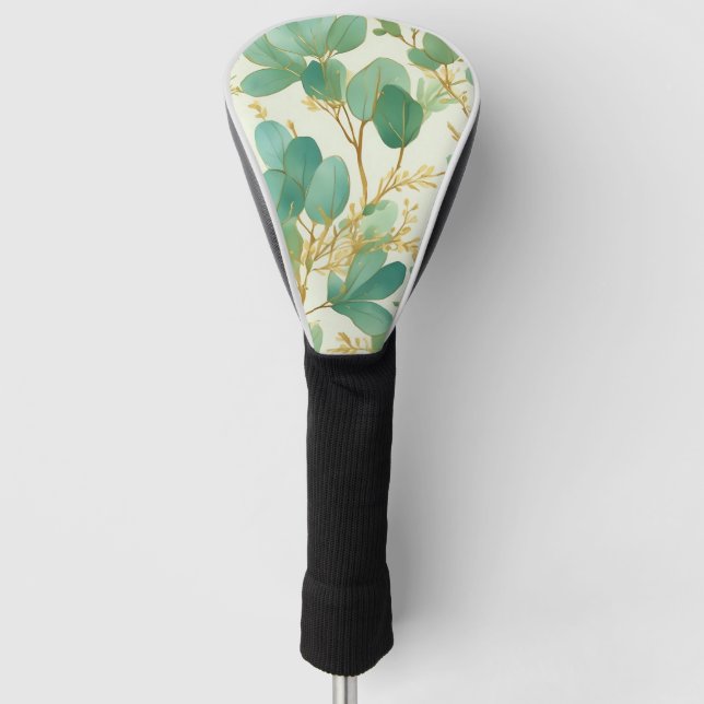 Eucalyptus Leaves Green and Gold Design Golf Head Cover (Front)