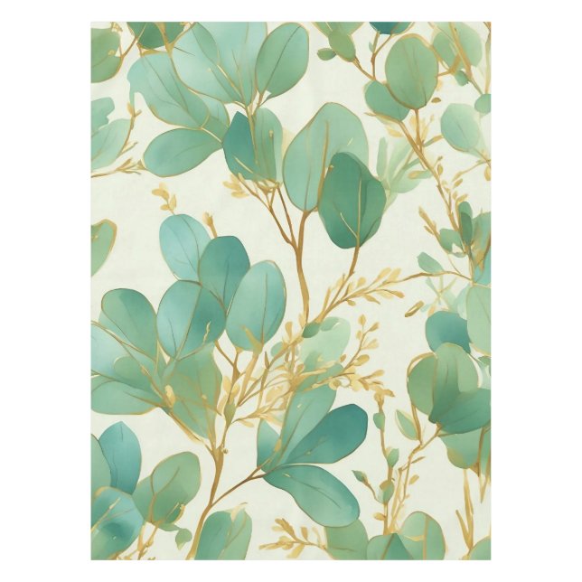 Eucalyptus Leaves Green and Gold Design Tablecloth (Front)