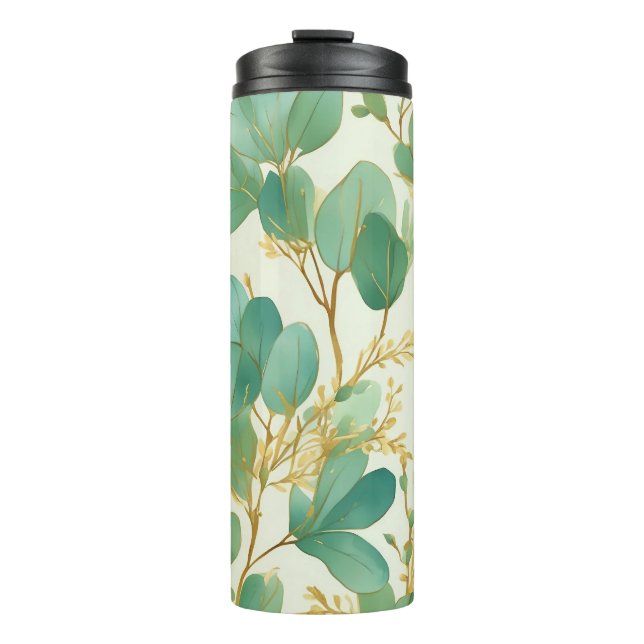 Eucalyptus Leaves Green and Gold Design Thermal Tumbler (Front)