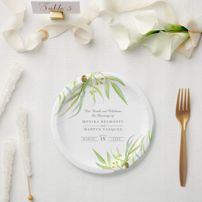 Eucalyptus leaves green watercolor wedding foliage paper plate (Wedding)