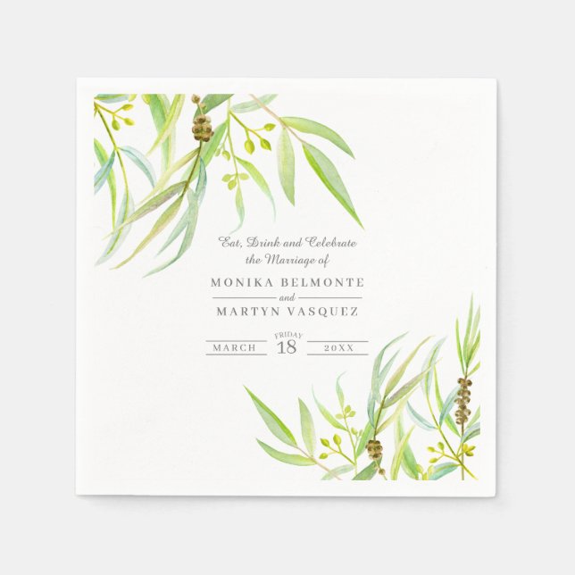 Eucalyptus leaves green watercolor wedding napkin (Front)