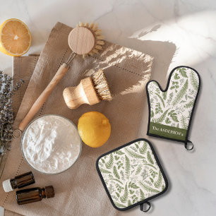 Eucalyptus Leaves Greenery Custom Name Oven Mitt & Pot Holder Set