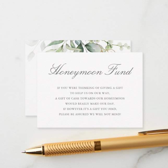 Eucalyptus Leaves Greenery Gold Honeymoon Fund Enclosure Card (Front/Back In Situ)