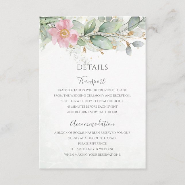 Eucalyptus Leaves Greenery Pink Floral Wedding Enclosure Card (Front)