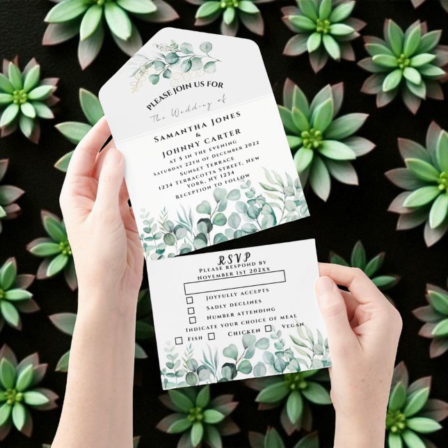 Eucalyptus leaves Greenery Rustic RSVP Wedding All In One Invitation (Creator Uploaded)