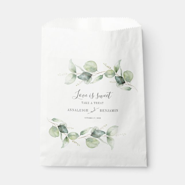 Eucalyptus Leaves Greenery Script Wedding Favour Bags (Front)