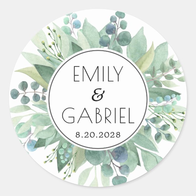 Eucalyptus Leaves Greenery Watercolor Wedding  Classic Round Sticker (Front)
