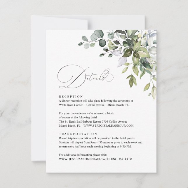 Eucalyptus Leaves Greenery Wedding Details Card (Front)
