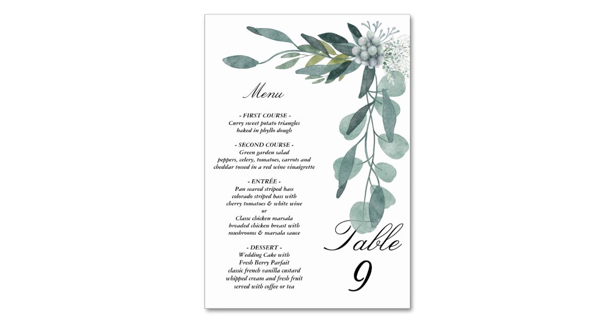 Eucalyptus leaves Menu and Table Tent Sign Table Number Zazzle
