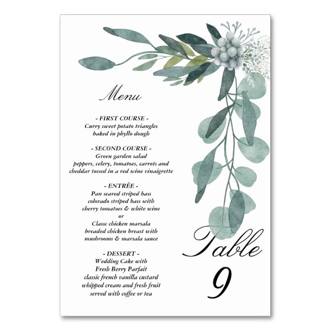  Eucalyptus leaves Menu and Table Tent Sign Table Number (Front)