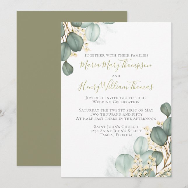 Eucalyptus Leaves Minimalist Watercolor Elegant Invitation (Front/Back)