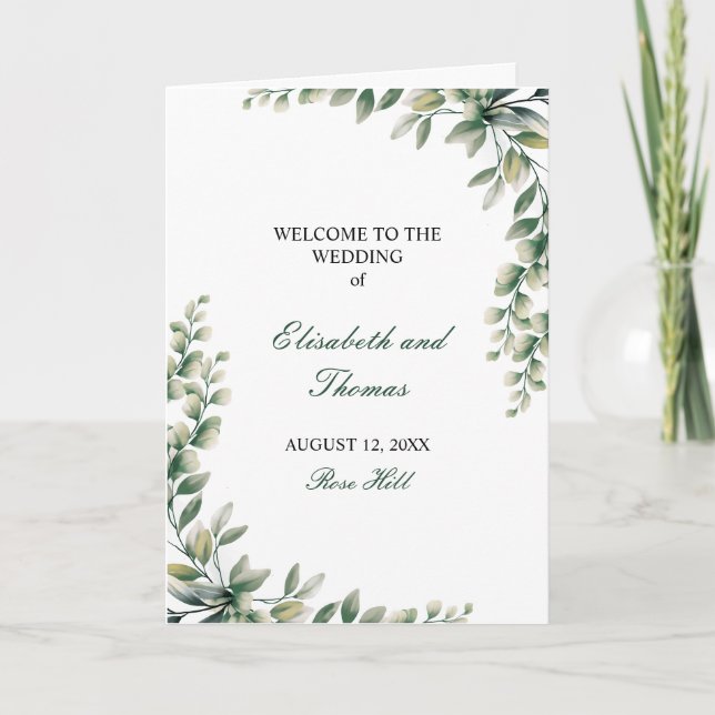 Eucalyptus leaves modern wedding programme  (Front)