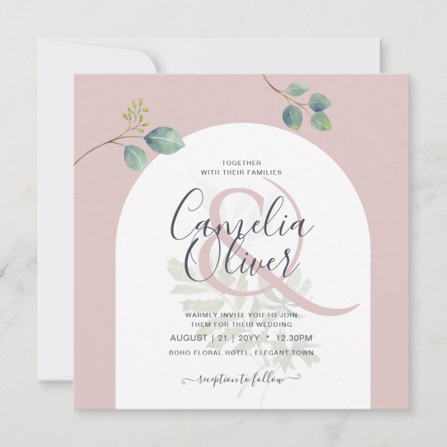 Eucalyptus Leaves Overlay Arch Wedding Invitation (Front)