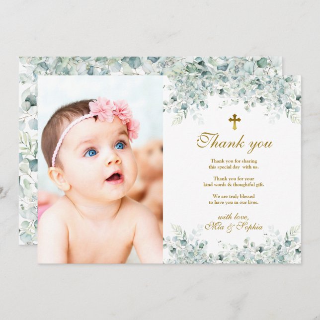Eucalyptus Leaves & Photo Baptism Thank You Card (Front/Back)